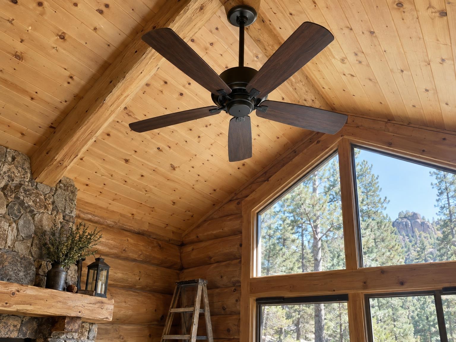 A new walnut-bladed ceiling fan at the peak of a knotty-pine cabin ceiling