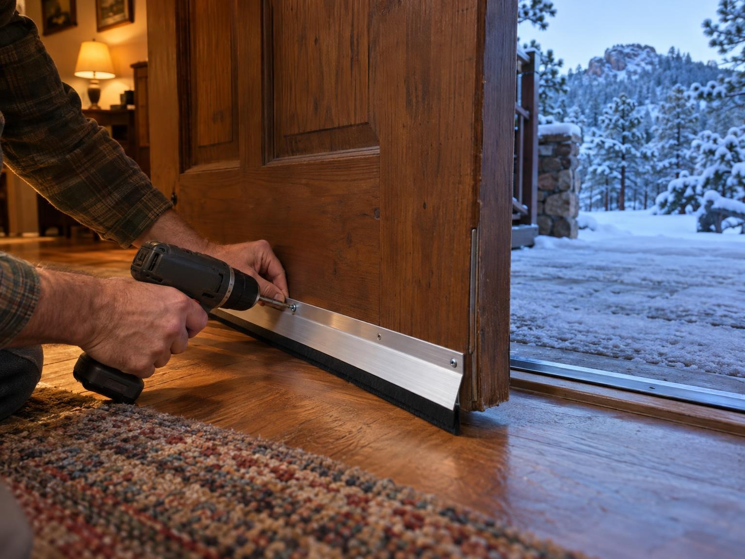 Hands fitting a new aluminum door sweep to an exterior door, snow on the porch outside