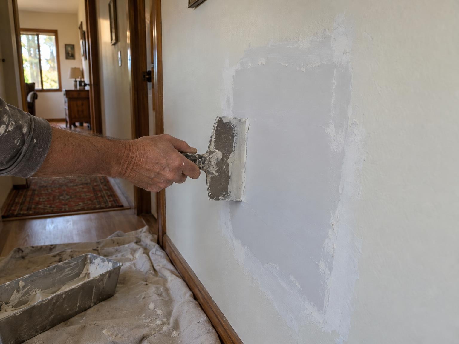 A hand feathering joint compound over a fresh drywall patch with a wide taping knife