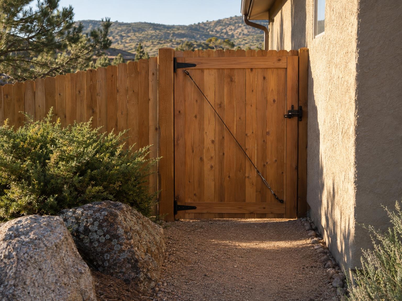 A cedar side gate hanging square, with an anti-sag cable across its frame and new black hinges