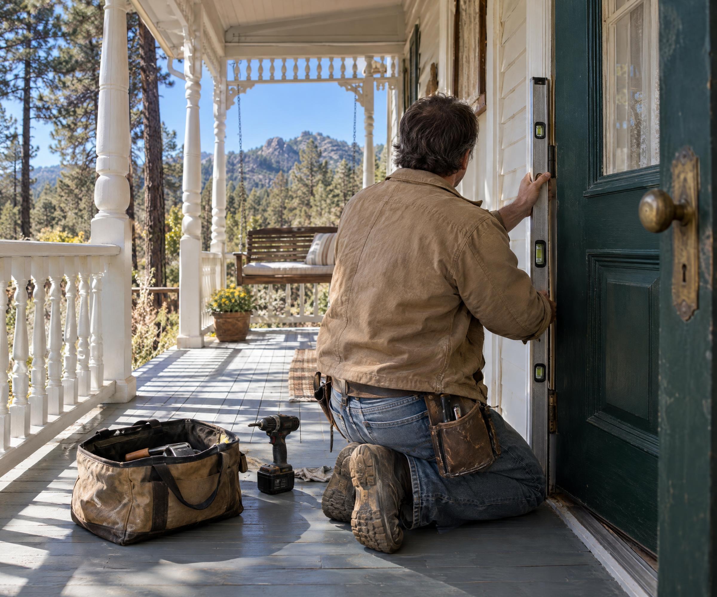 Wes kneeling on a Victorian porch, holding a level against the hinge side of a green front door