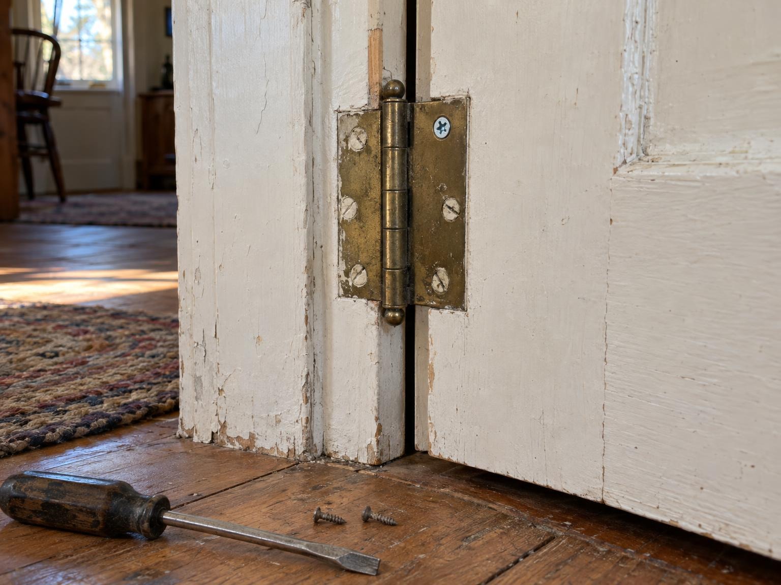 An old brass hinge set tight in the jamb with one new long screw, the door hanging square, a screwdriver on the floor