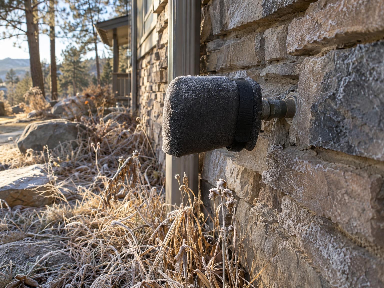 An outdoor spigot on a stone wall wearing a foam cover, frost on the stones