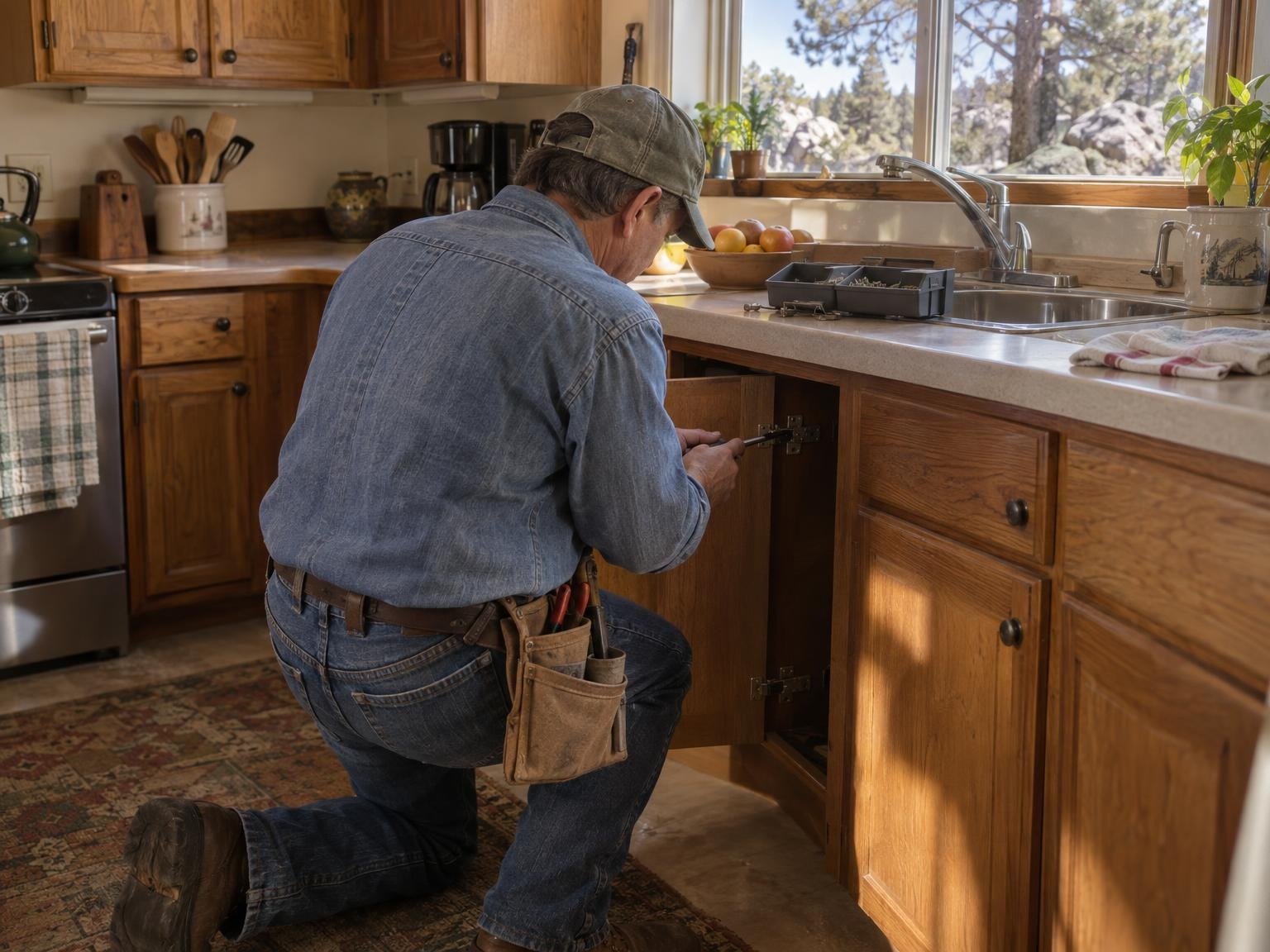 Wes kneeling at an open kitchen cabinet, adjusting a sagging door hinge with a screwdriver