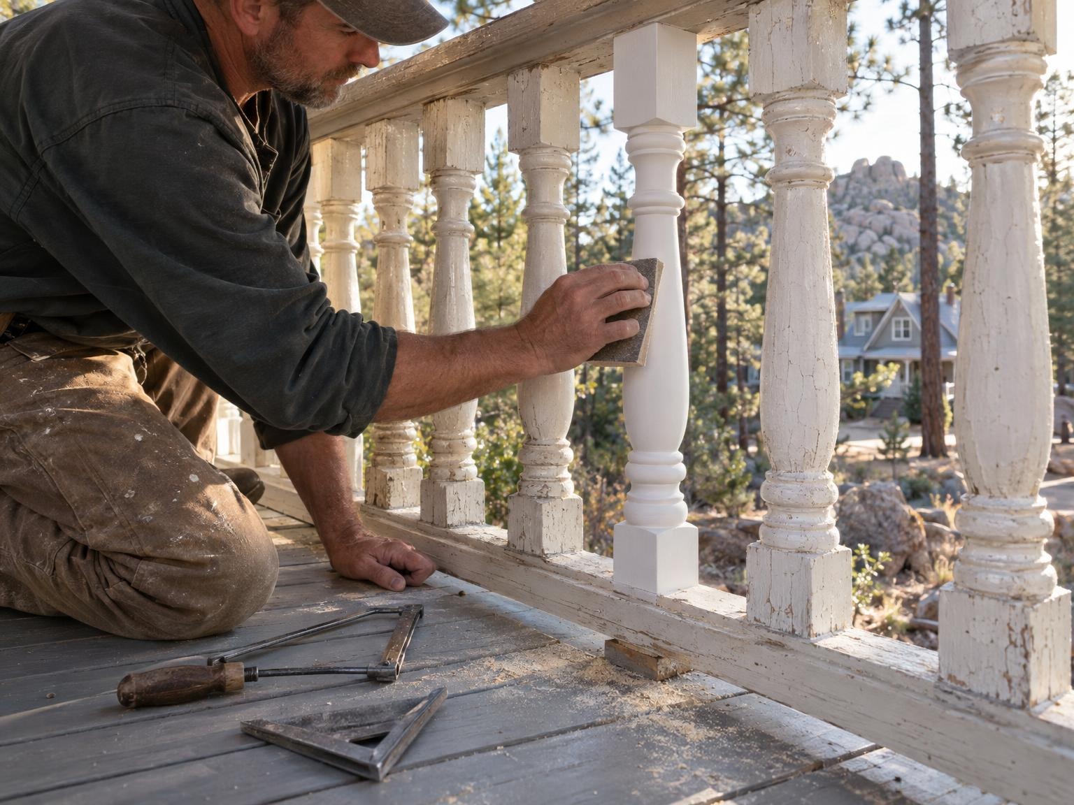 A new primed baluster being sanded in a row of old painted porch balusters