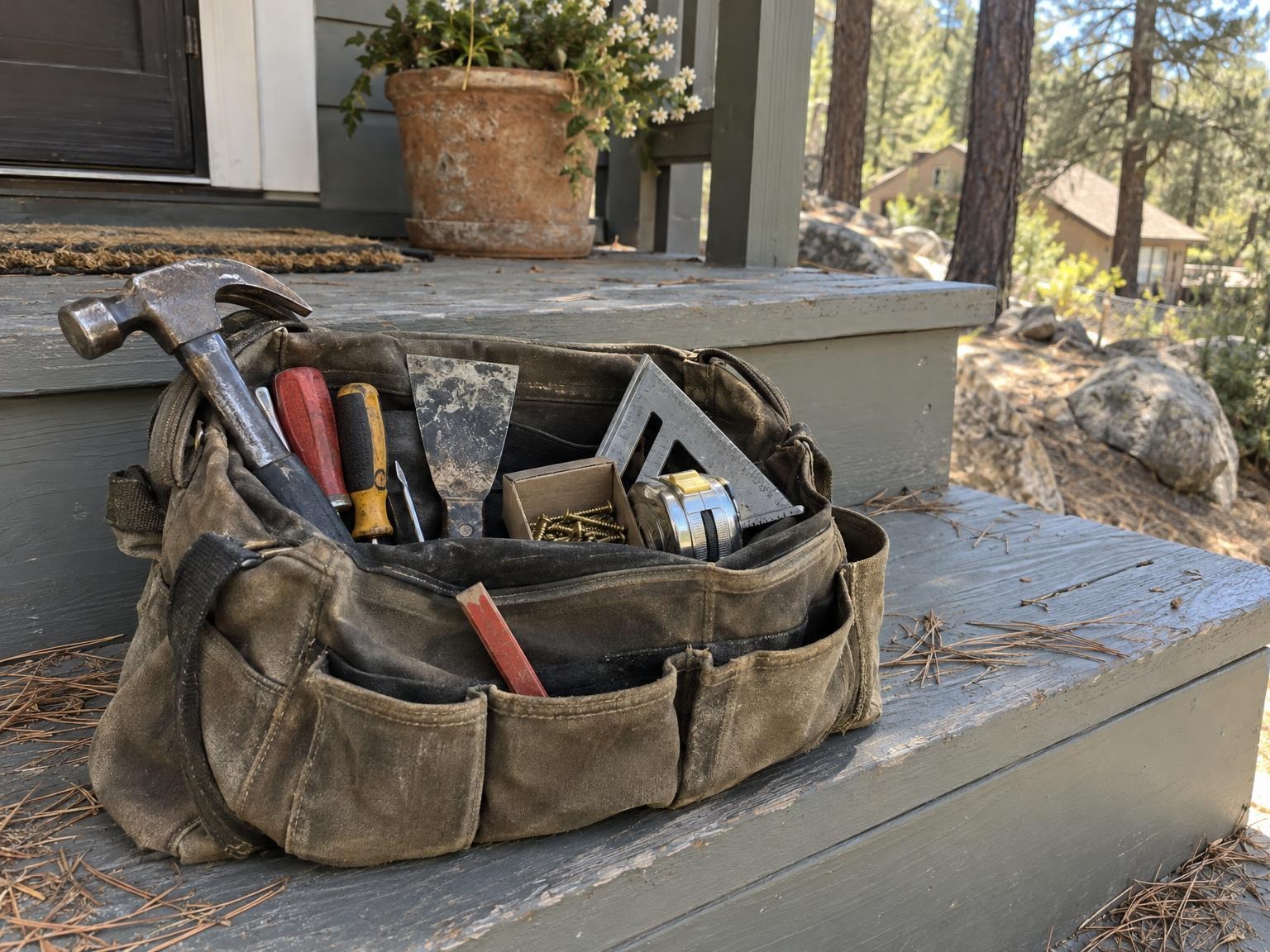 An open canvas tool bag on painted porch steps