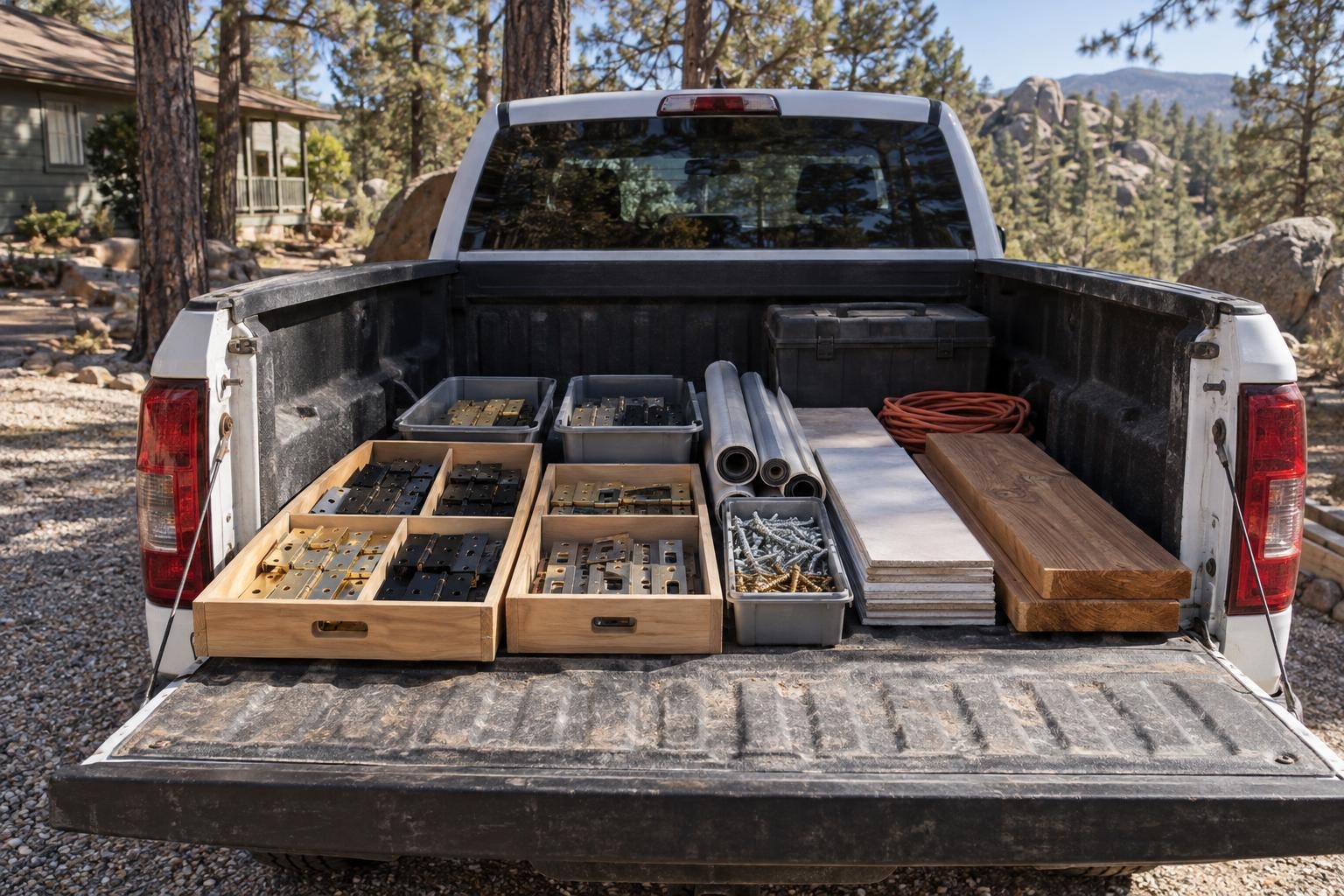 The truck's dropped tailgate with trays of hinges and strike plates, door sweeps, drywall offcuts and cedar fence boards, ponderosa pines behind