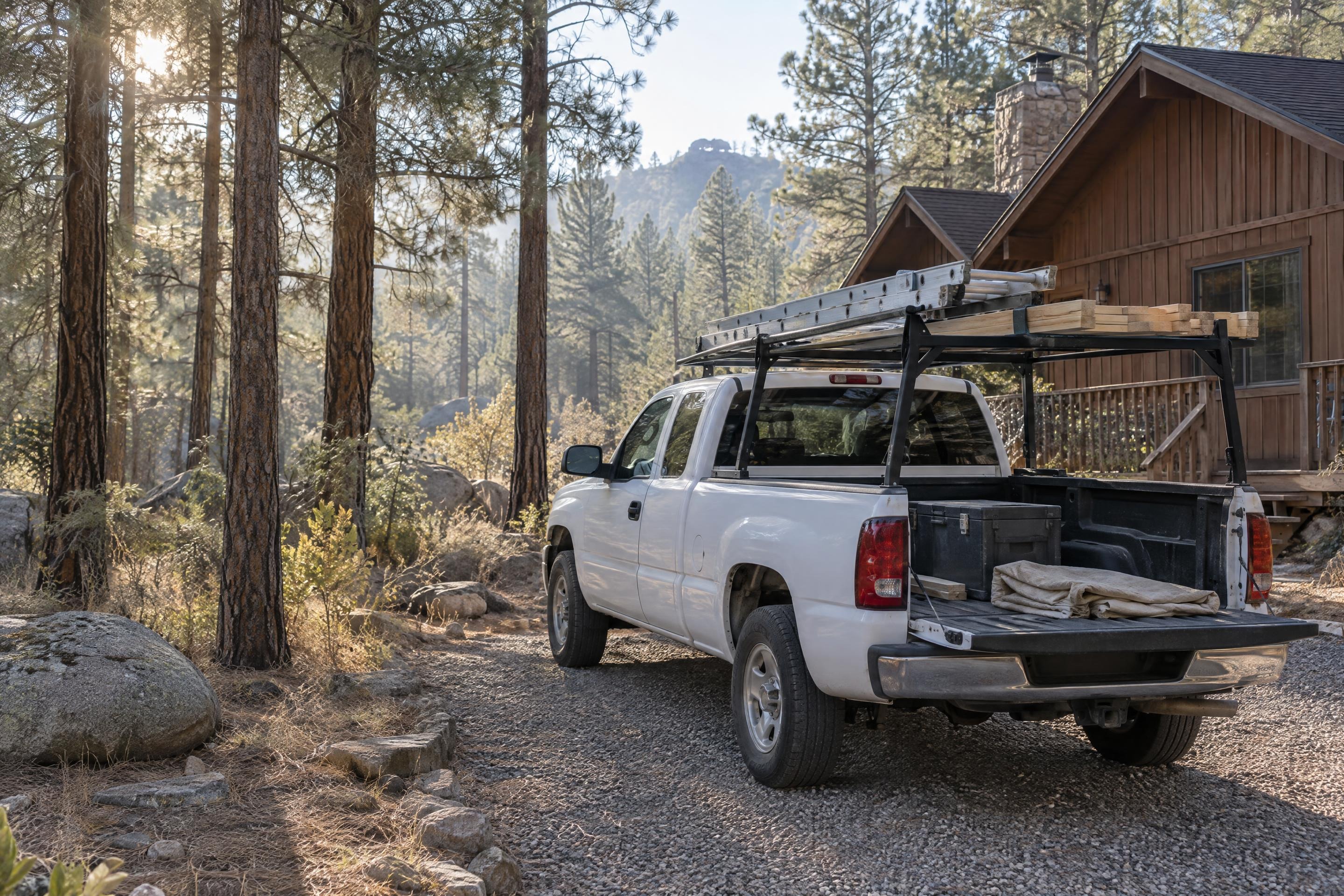 Wes's plain white pickup with a ladder rack, parked among ponderosa pines