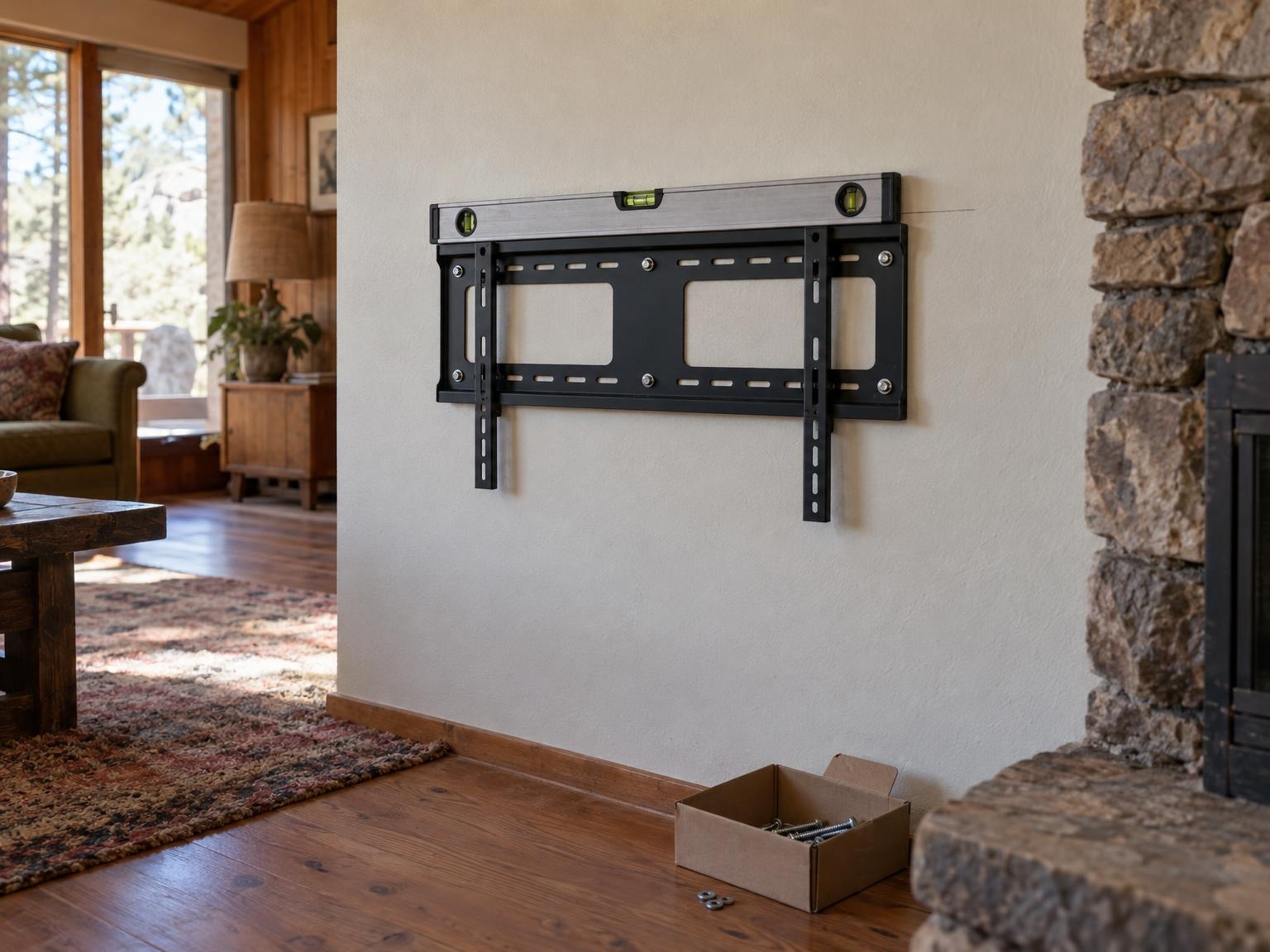 A TV wall bracket fixed to a cabin wall with a spirit level resting level on top of it