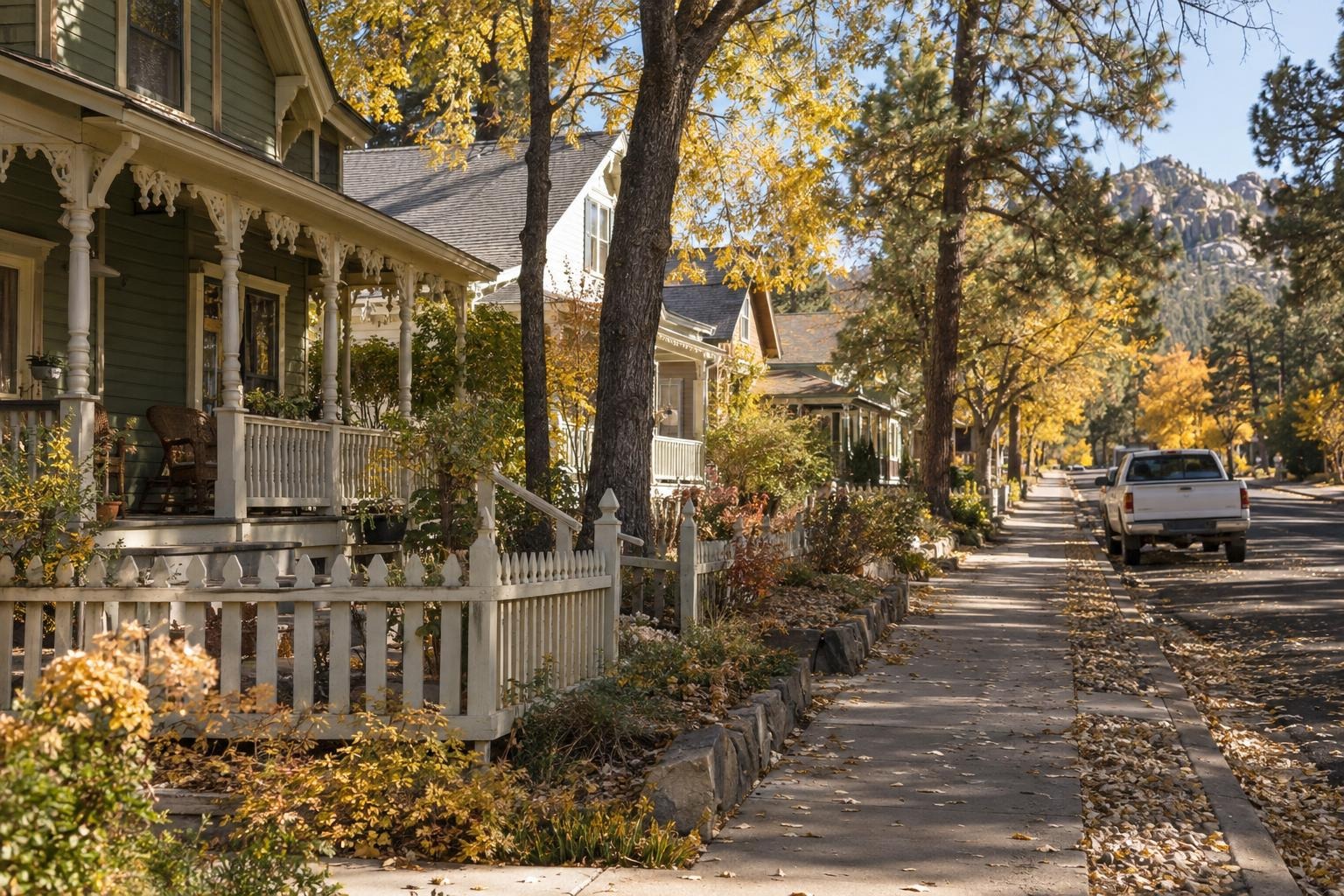 A street of painted wooden Victorian cottages with deep porches in autumn