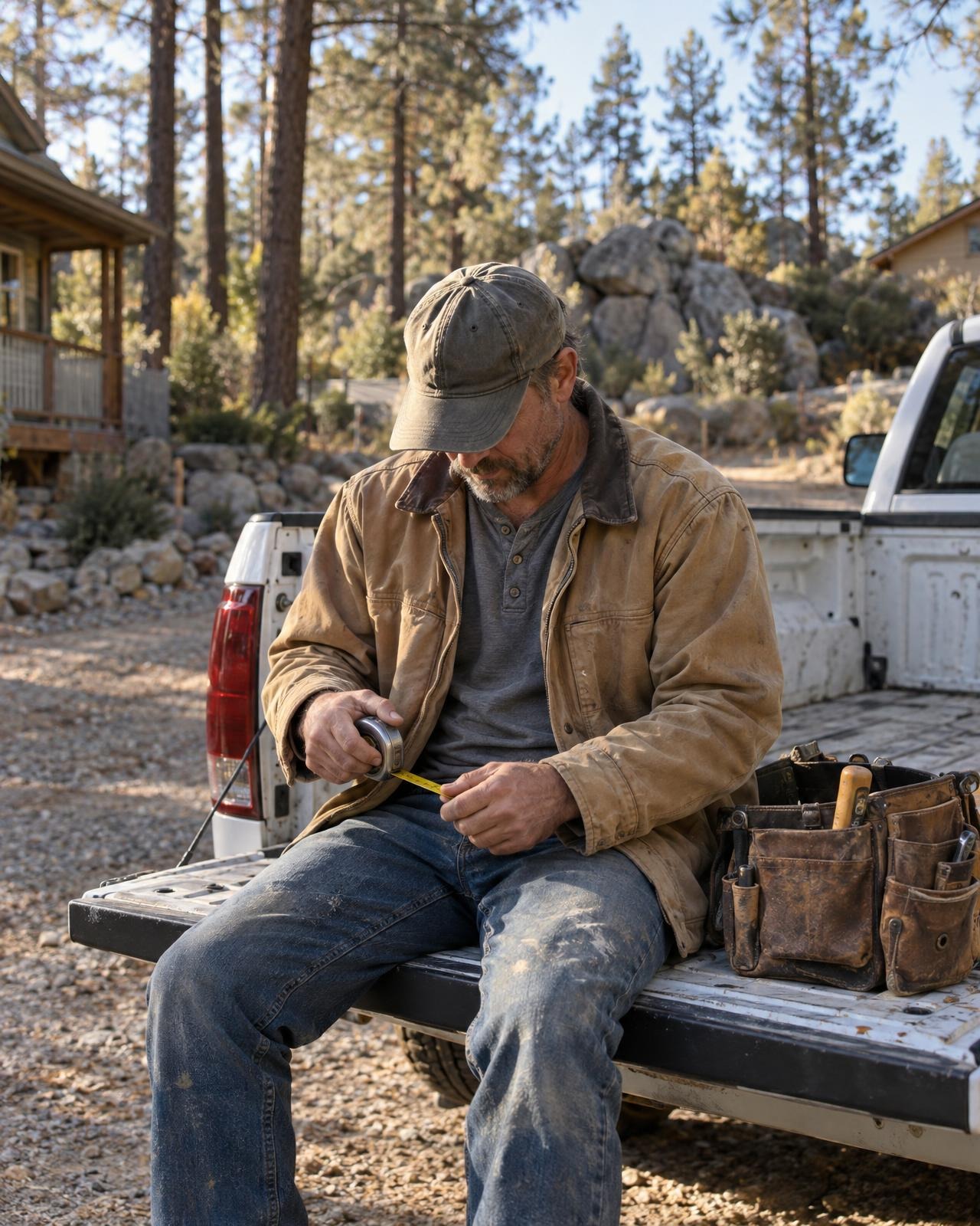 Wes on the tailgate of his truck, reeling in a tape measure